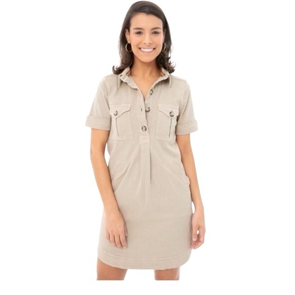 Faherty Womens XS Tan Monica Utility Dress Distressed Hem Short Sleeve Pockets - Picture 1 of 6